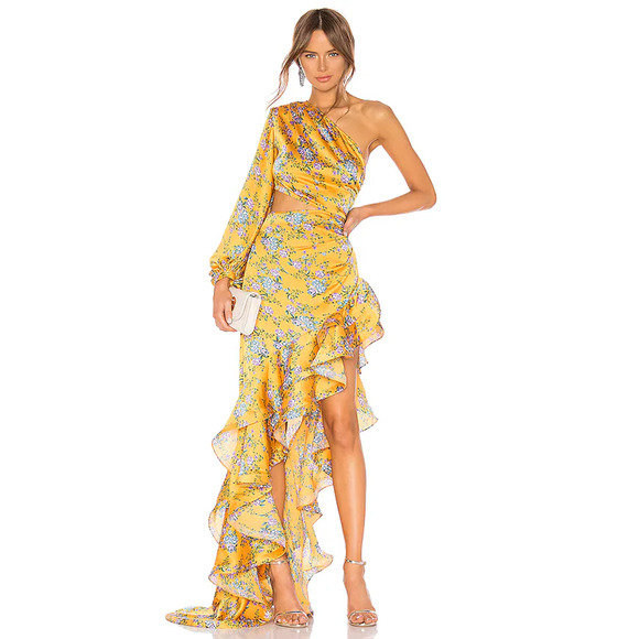 Bronx & Banco Hanna Asymmetrical One Shoulder Ruffle Maxi Gown Yellow Women's 4 - Picture 1 of 6